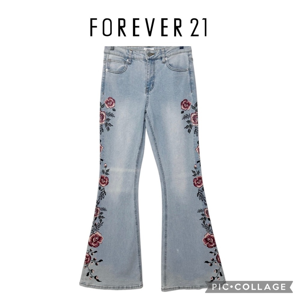 Forever 21 floral flare wide legs light denim jeans pants size 27 NWOT